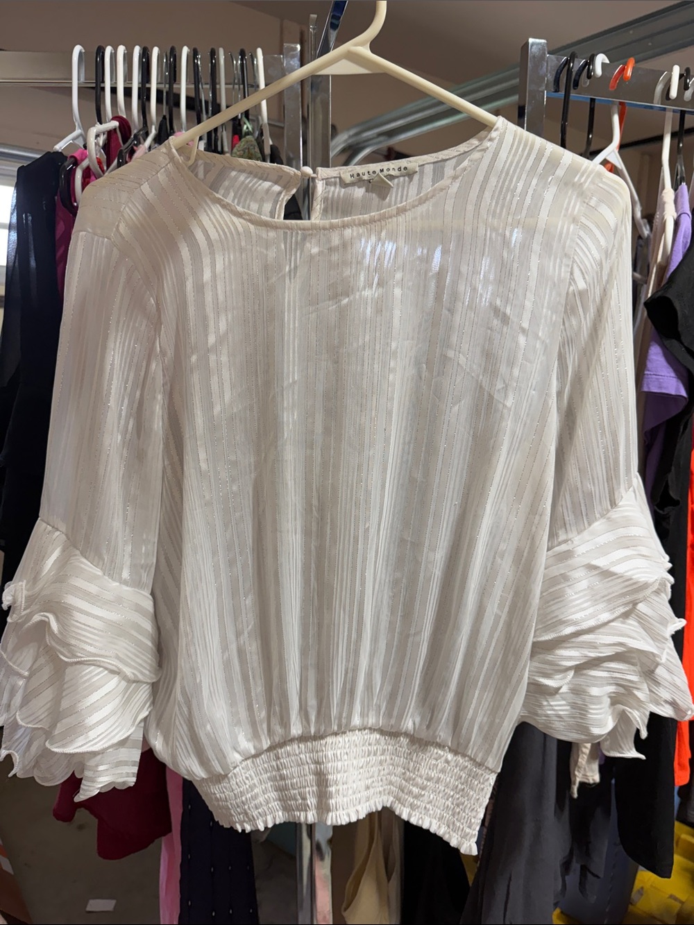 Haute Monde White Sheer Stripe Ruffle-Sleeve Top